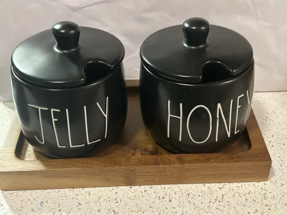 RAE DUNN Black HONEY & JELLY Set Lids & Wood Tray Breakfast Toast Artisan